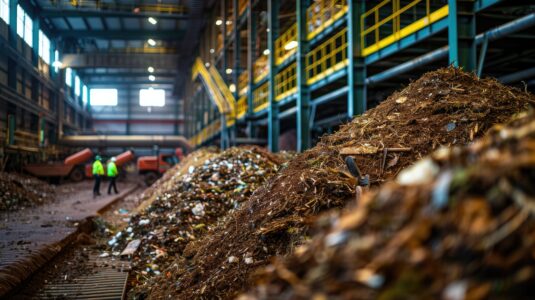 batiment de compostage avec des piles de déchets organiques